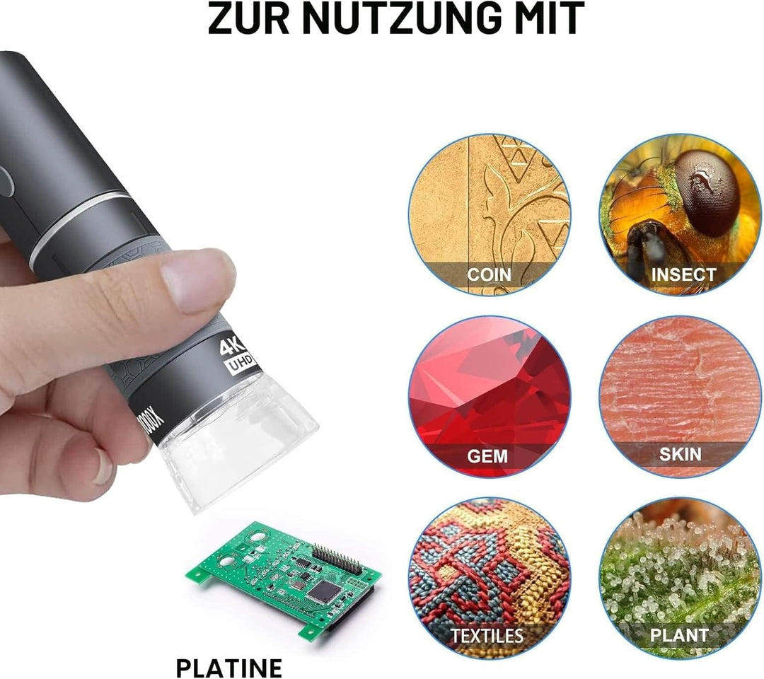 Ninyoon 4K WiFi Mikroskop für iPhone Android, 50 bis 1000X USB Digital Mikroskop Wireless Super HD E