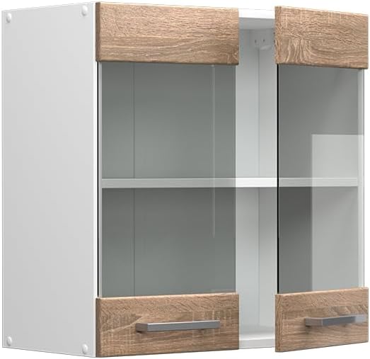 Vicco Küchenschrank Glas R-Line, Sonoma/Weiss, 60 cm Sonoma Hängeglasschrank 60cm, Sonoma Hängeglass