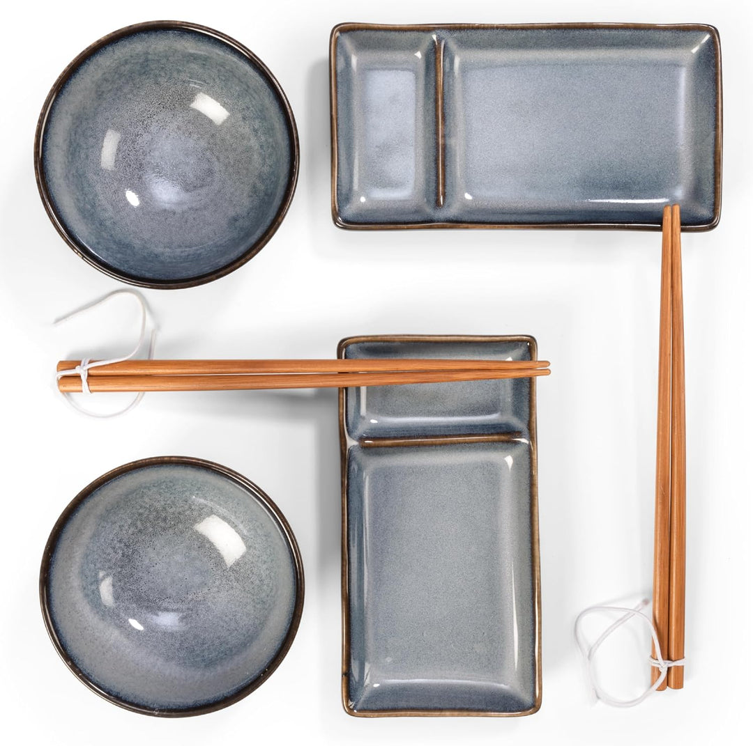 Sushi Geschirr set "Misaki" Graublau für 2 Person, Sushi Set Japanischer Geschirr für Miso Suppe Mak