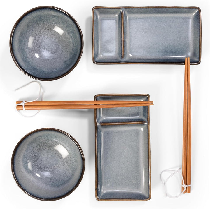 Sushi Geschirr set "Misaki" Graublau für 2 Person, Sushi Set Japanischer Geschirr für Miso Suppe Mak