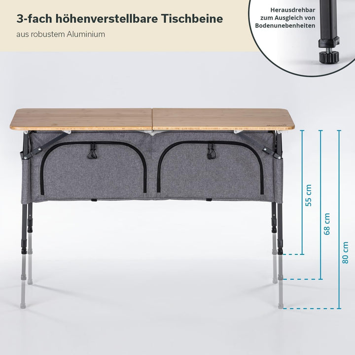 Skandika Campingtisch mit Schrank Tolja | Outdoor Bambus Klapptisch mit Stauraum, höhenverstellbar,