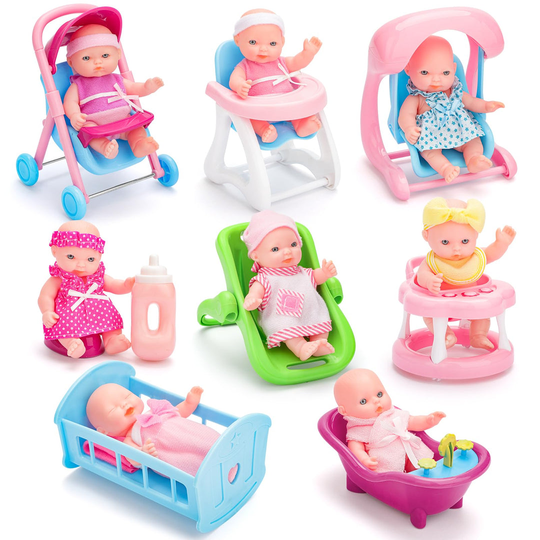 deAO 8 Stück Mini-Babypuppe mit Zubehör, Reborn Puppen Spielset mit Puppenwagen, Badespielzeug, Pupp