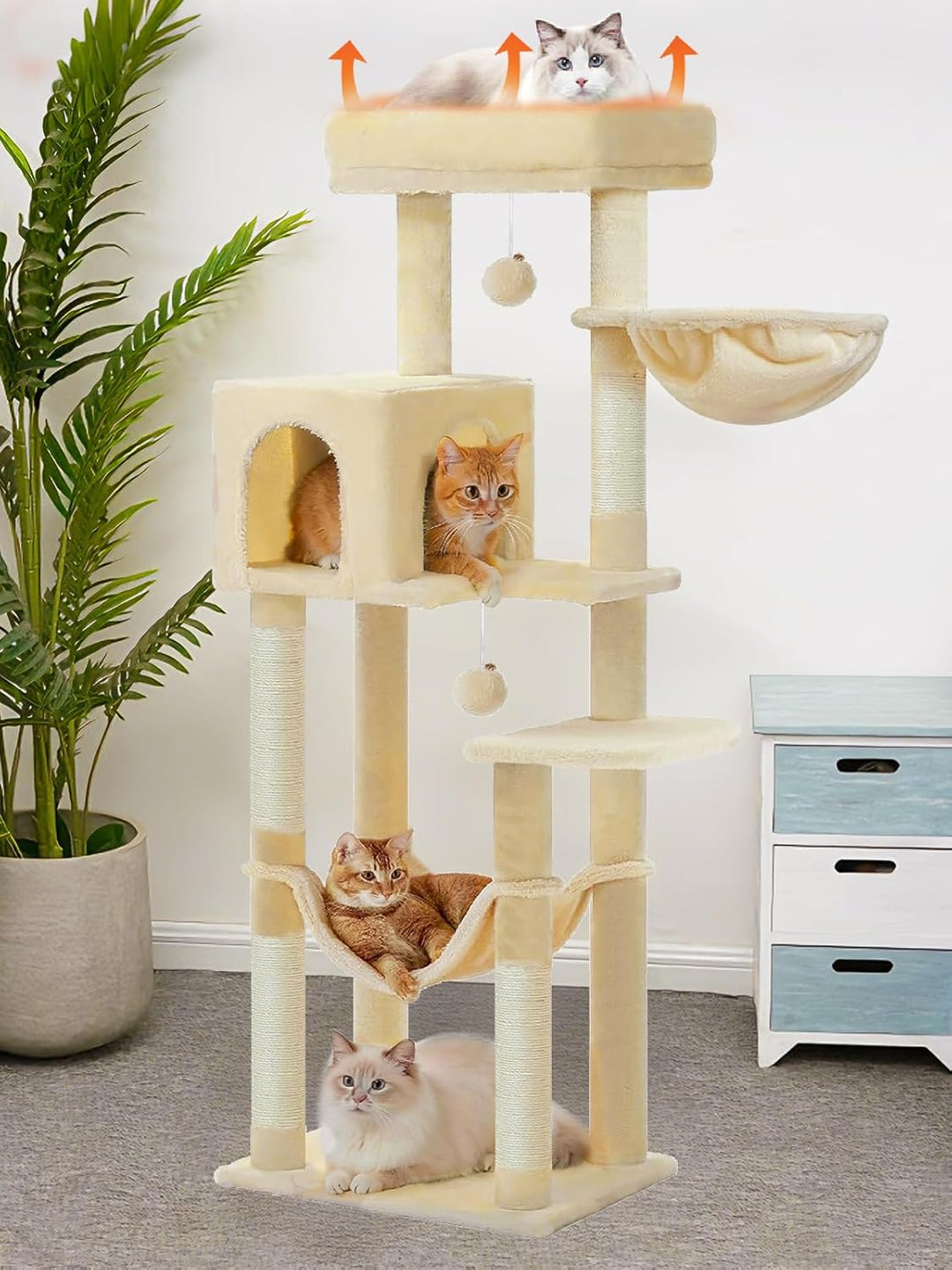 Kratzbaum Gross, XXL Katzenbaum Holz, 148cm Hoch mit Grosse Plattformen, Kratzsäulen, Höhle, Korb, P