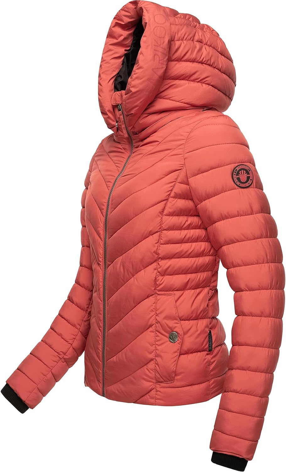 MARIKOO Damen Übergangsjacke leichte Steppjacke kurz mit abnehmbarer Kapuze Kagomee XS-XXL S Rouge,
