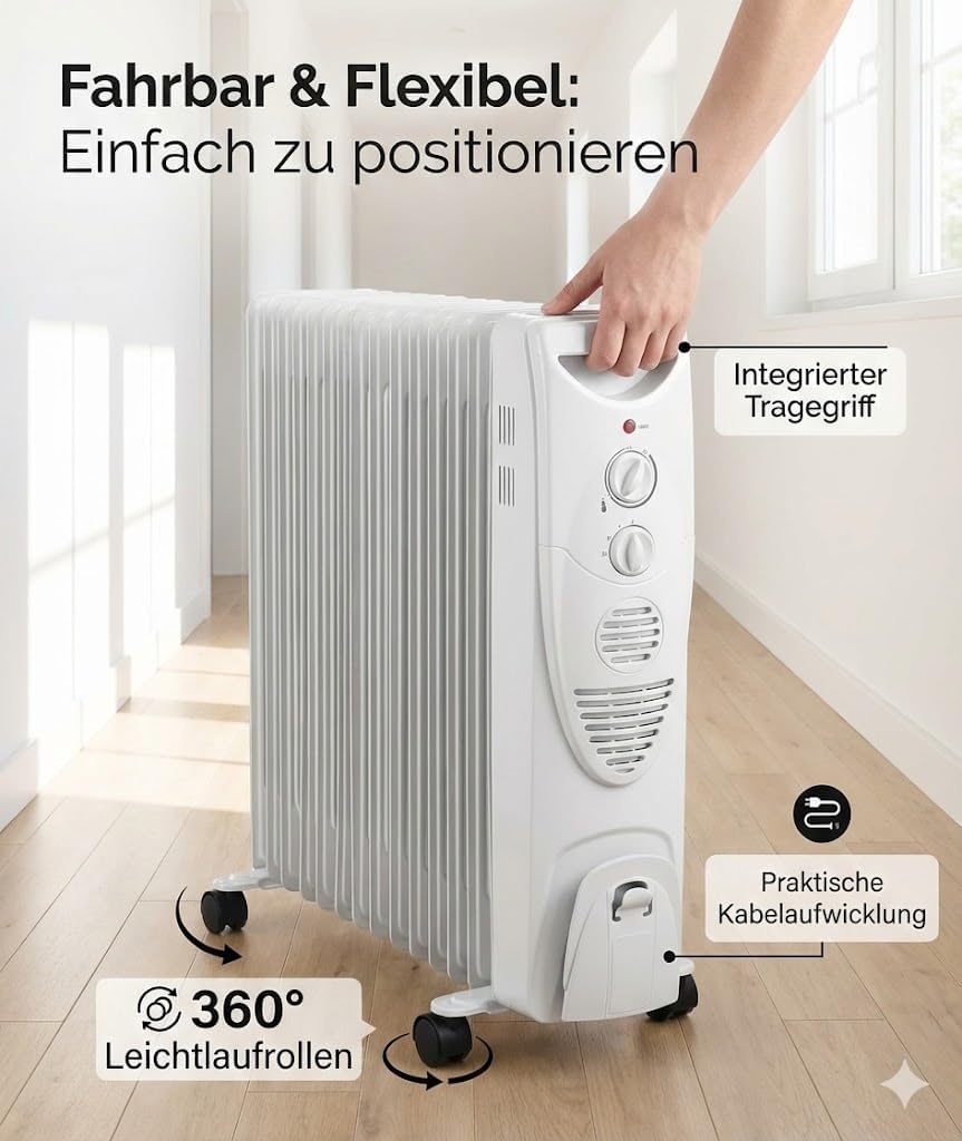 Ölradiator 2000W / 2500W | Mobiler Heizkörper mit Thermostat & 3 Heizstufen | Energiesparender Radia