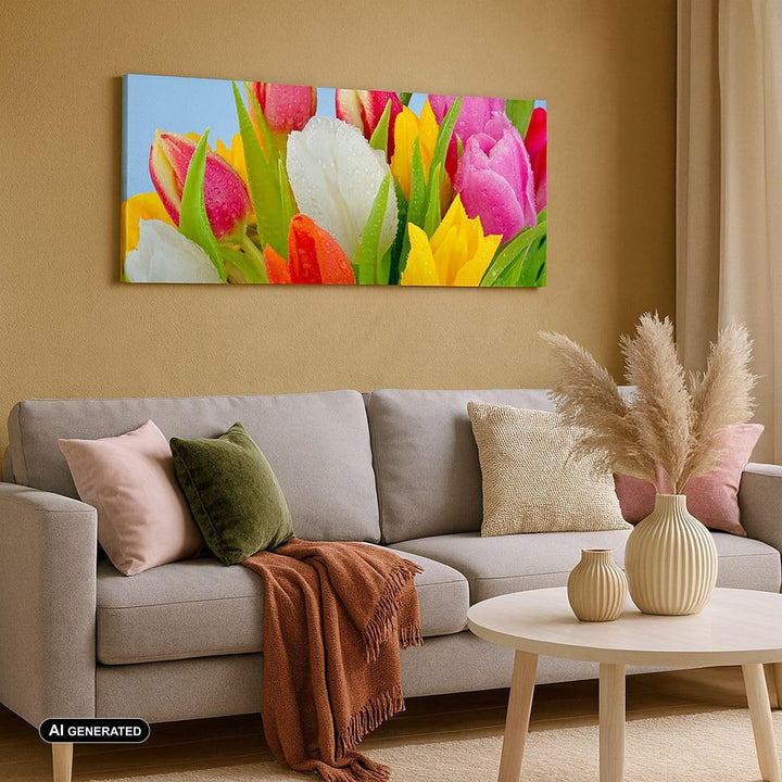 Wandbilder Dekoration Wohnzimmer Tulpen Blumenstrauss Blumen Tau Panorama Bilder auf Leinwand 120x50