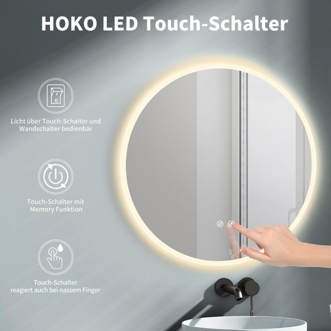 HOKO® Runder LED Bad Spiegel 80cm, mit ANTIBESCHLAG SPIEGELHEIZUNG, LED beleuchtet Badezimmerspiegel