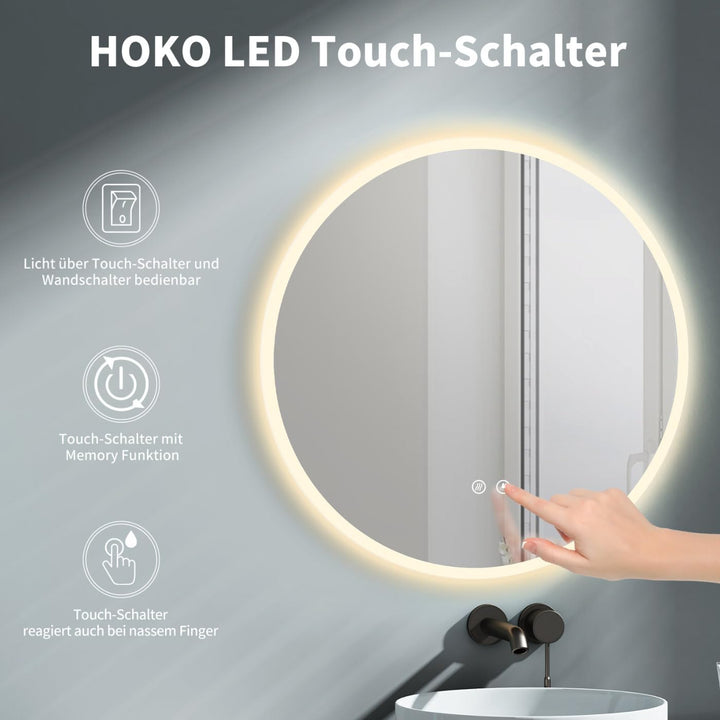 HOKO® Runder LED Bad Spiegel 60cm, mit ANTIBESCHLAG SPIEGELHEIZUNG, LED beleuchtet Badezimmerspiegel