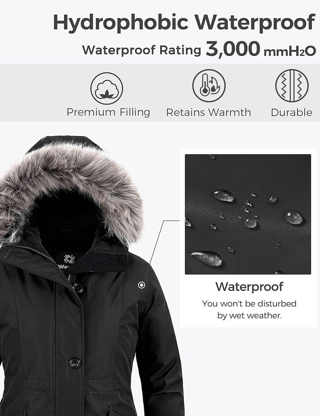 Wantdo Damen Winter Warm Puffer Mantel Wasserabweisend Outdoor Jacke Winddichte Oberbekleidung Mante