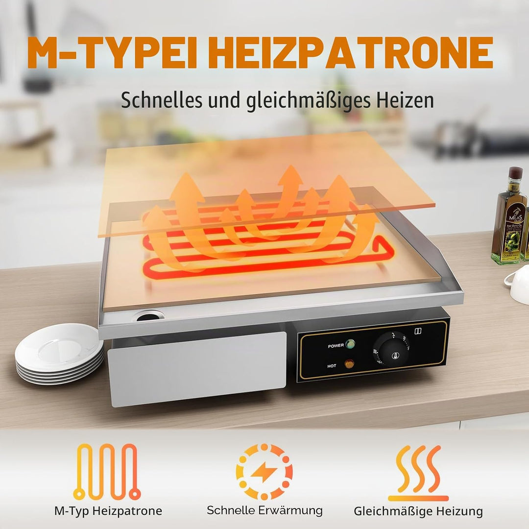 Grillplatte Elektrisch glatt Bratplatte, Elektrogrill mit 55 x 34 cm Grillfläche aus Gusseisen,Profi