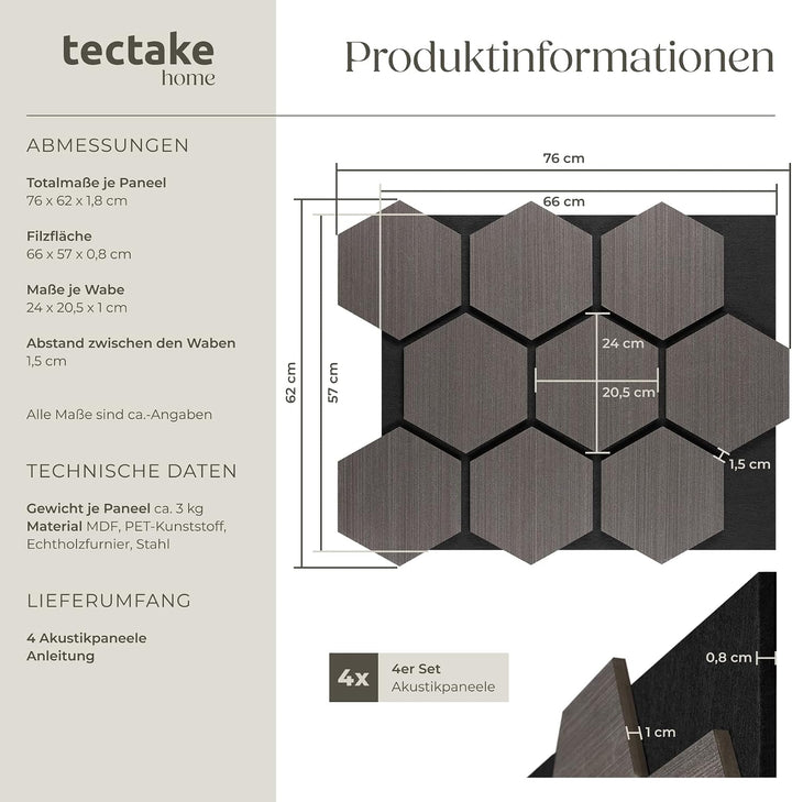 tectake® 4er Set Akustikpaneele, 76 x 62 cm, Echtholzfurnier, zuschneidbar | schallabsorbierender PE