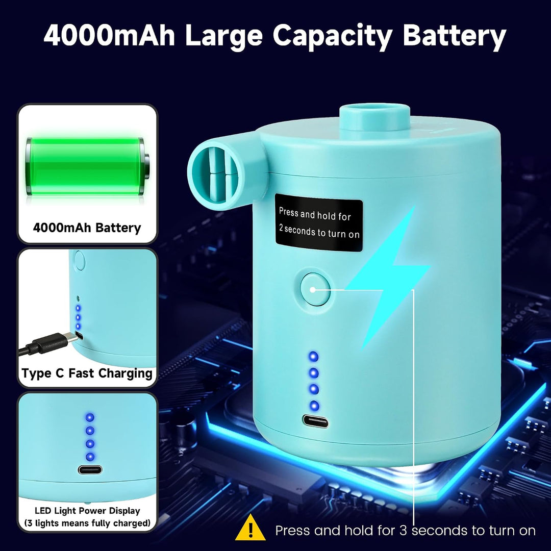Elektrische Luftpumpe, 4000mAh Akku Elektrische Pumpe mit 4 Düsen für Luftmatratze, Matratze, Pool,