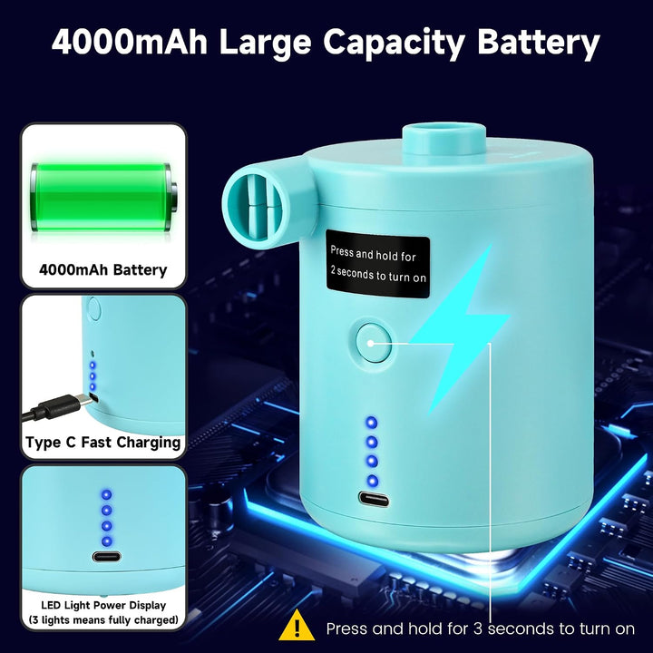 Elektrische Luftpumpe, 4000mAh Akku Elektrische Pumpe mit 4 Düsen für Luftmatratze, Matratze, Pool,