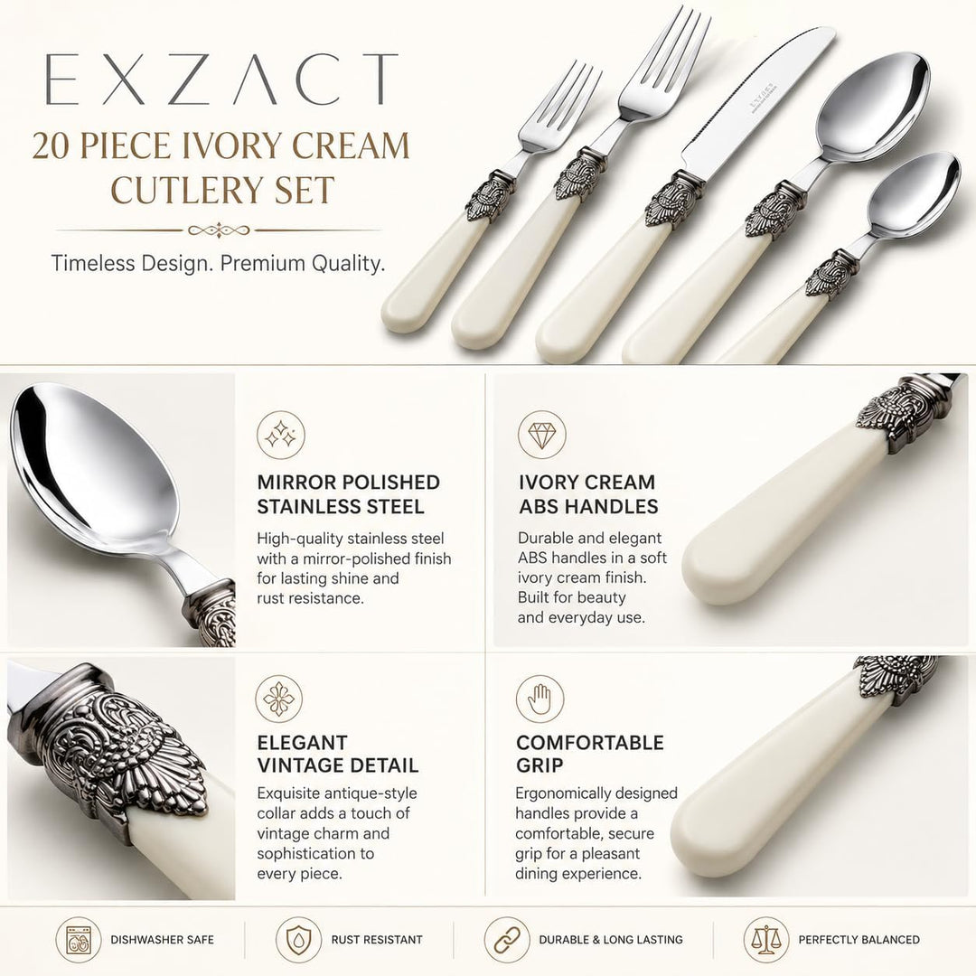 EXZACT Elfenbein Creme Besteck Set 20 Stück, Edelstahl mit detaillierten Griff, traditionelle, elega
