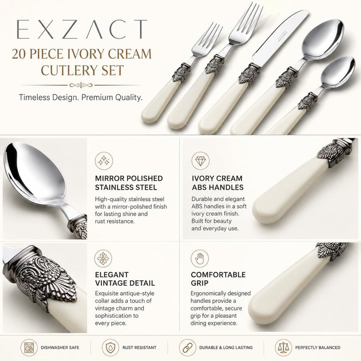 EXZACT Elfenbein Creme Besteck Set 20 Stück, Edelstahl mit detaillierten Griff, traditionelle, elega