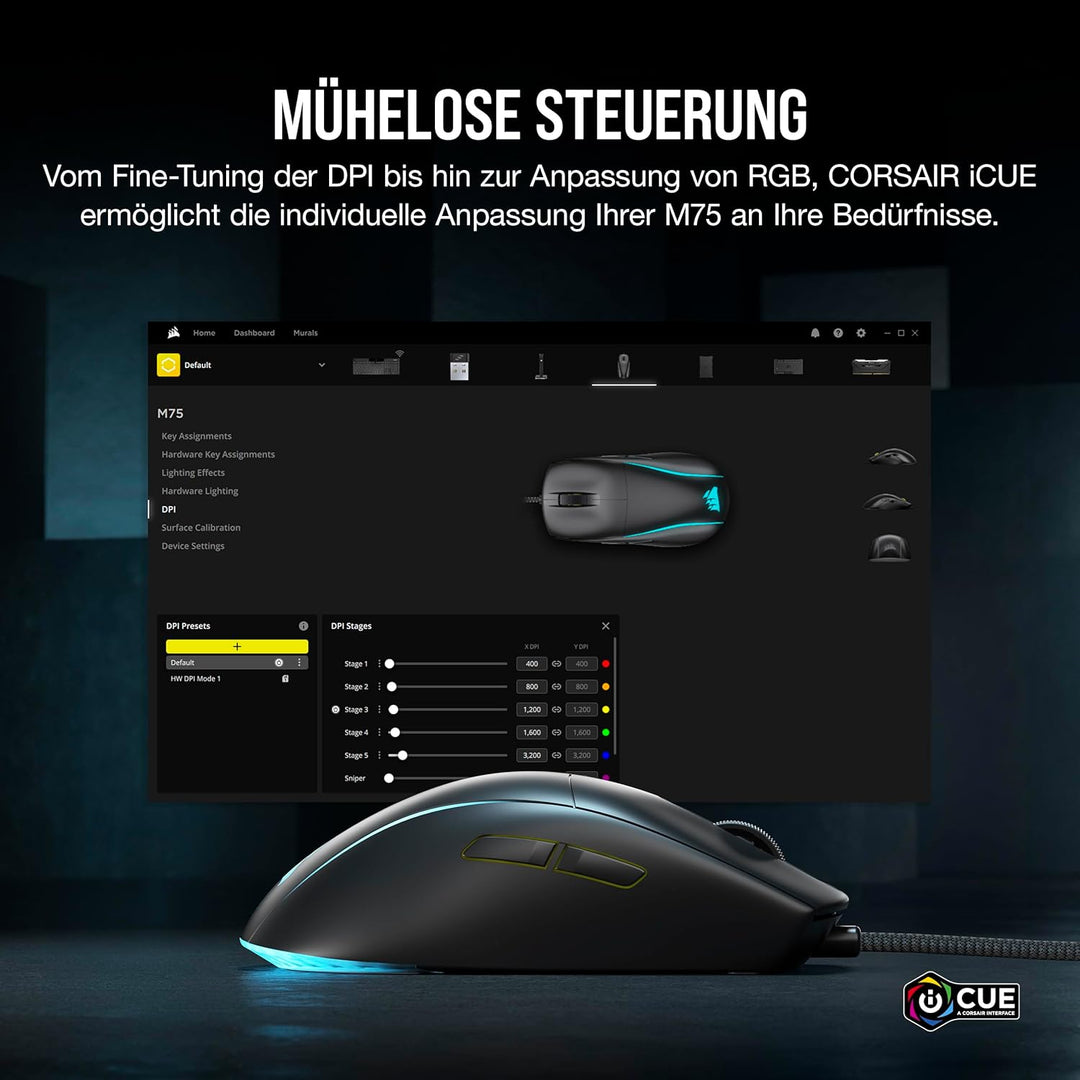 Corsair M75 Wired RGB Leichte FPS Gaming-Maus – 26.000 DPI – Austauschbare Seitentasten – PC – Schwa