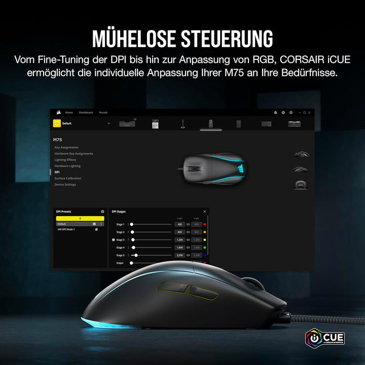 Corsair M75 Wired RGB Leichte FPS Gaming-Maus – 26.000 DPI – Austauschbare Seitentasten – PC – Schwa