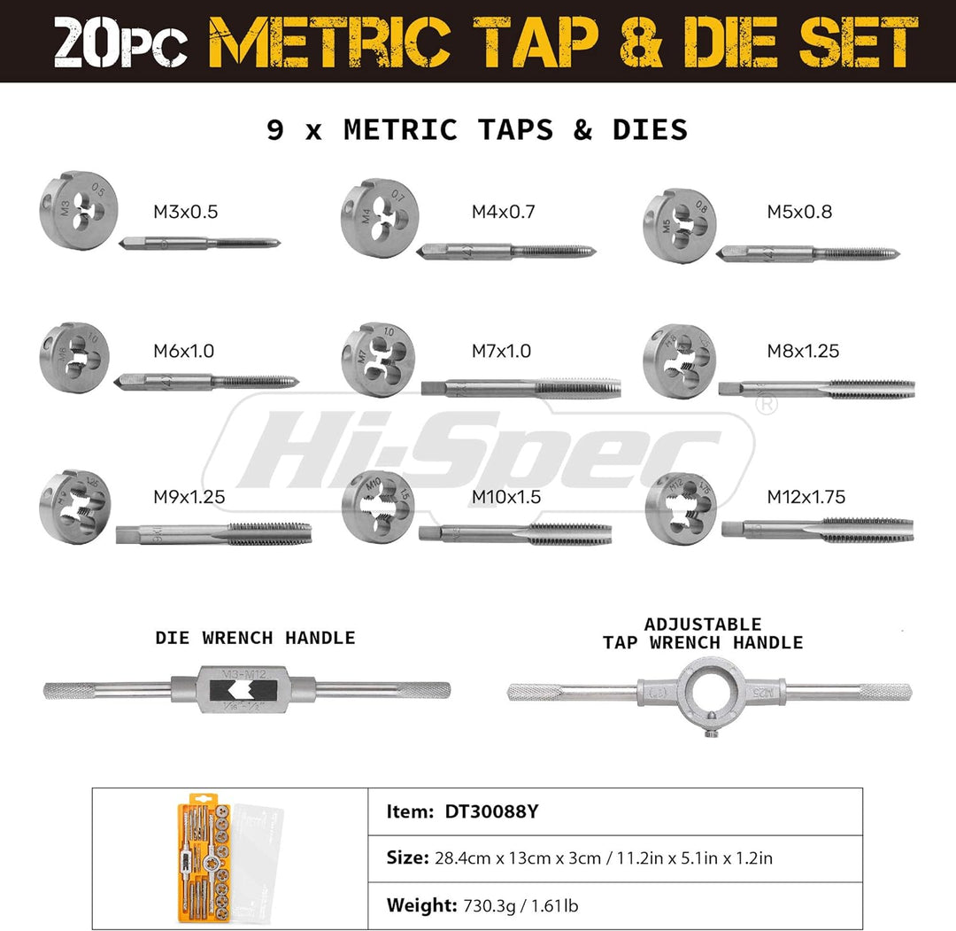 Hi-Spec 20tlg. Gewindeschneid Satz Metrisch M3-M12 mit legiertem Stahl Gewindeschneider und Handgewi
