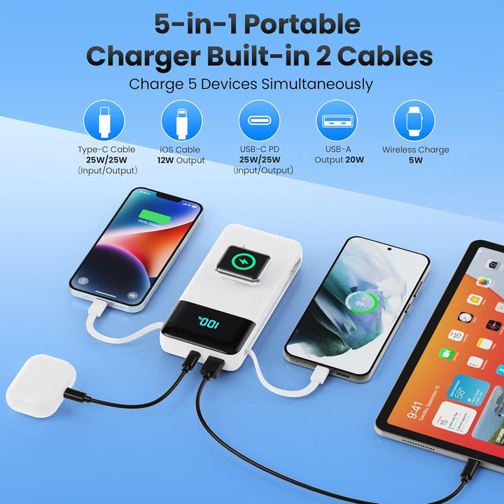 Power Bank 26800mAh USB C 25W PD, QC4.0 Powerbank Schnelles Aufladen mit 2 Kabel (Eingabe &amp; Ausgabe)