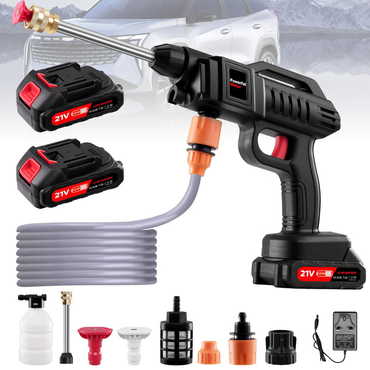 Akku Hochdruckreiniger, 21V 60Bar Mobile Akku-Hochdruckreiniger mit 2 Akkus, 3-in-1 Düse, 5m Schlauc