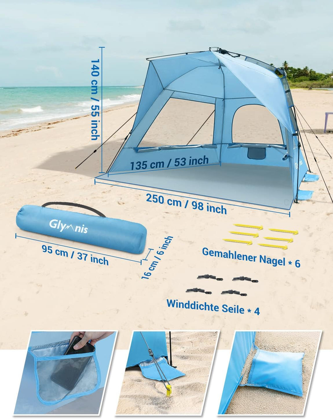 Glymnis Strandmuschel Quick Up Strandzelt Automatisches Strand Zelt UV-Schutz 50+ Windschutz Sonnens
