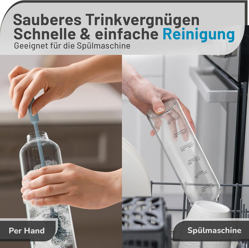 Amalindo Trinkflasche Glas 1L Bruchsicher (Borosilikatglas) - Glasflasche 1 Liter Schraubverschluss