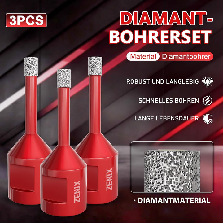 Diamant Fliesenbohrer 6 mm 3 Stück mit M14 Gewinde Für Fliesen, Porzellan, Keramik, Marmor &amp; Granit