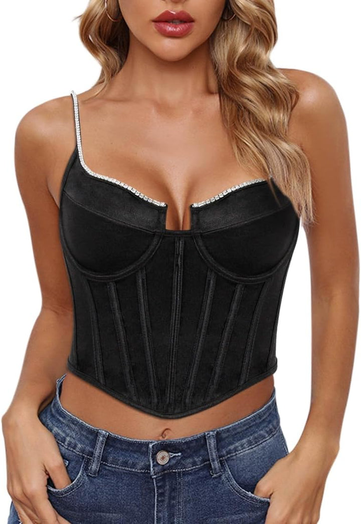 Naimo Damen Seide Satin Top Strass Korsett Bustier Cami Sexy Ärmellos Spaghettiträger Crop Tank Top