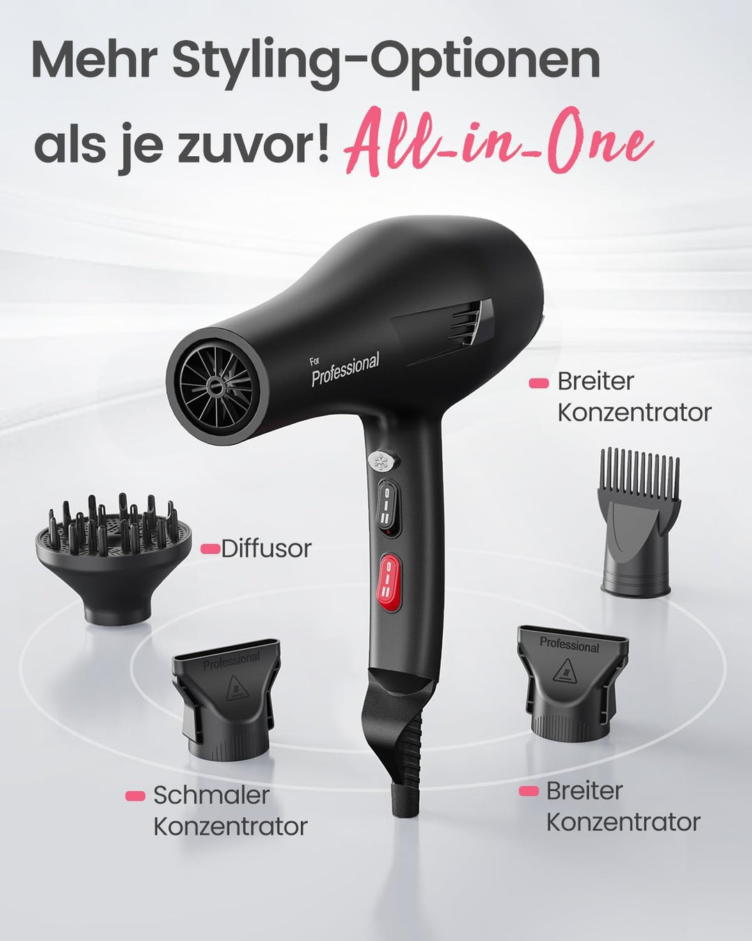 Dekuri Föhn Ionen, Profi Fön Haartrockner Hair Dryer Haarföhn mit 1 Diffusor 2 Stylingdüse, 3 Heiz u