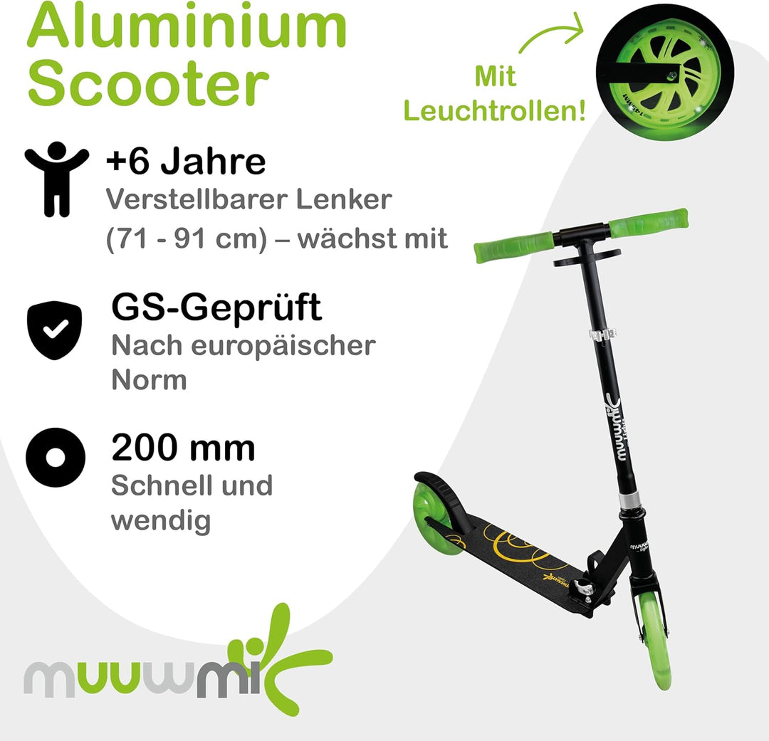 Muuwmi Lights Aluminium Scooter - Höhenverstellbarer Lenker - Geeignet für Kinder - GS-Zertifiziert