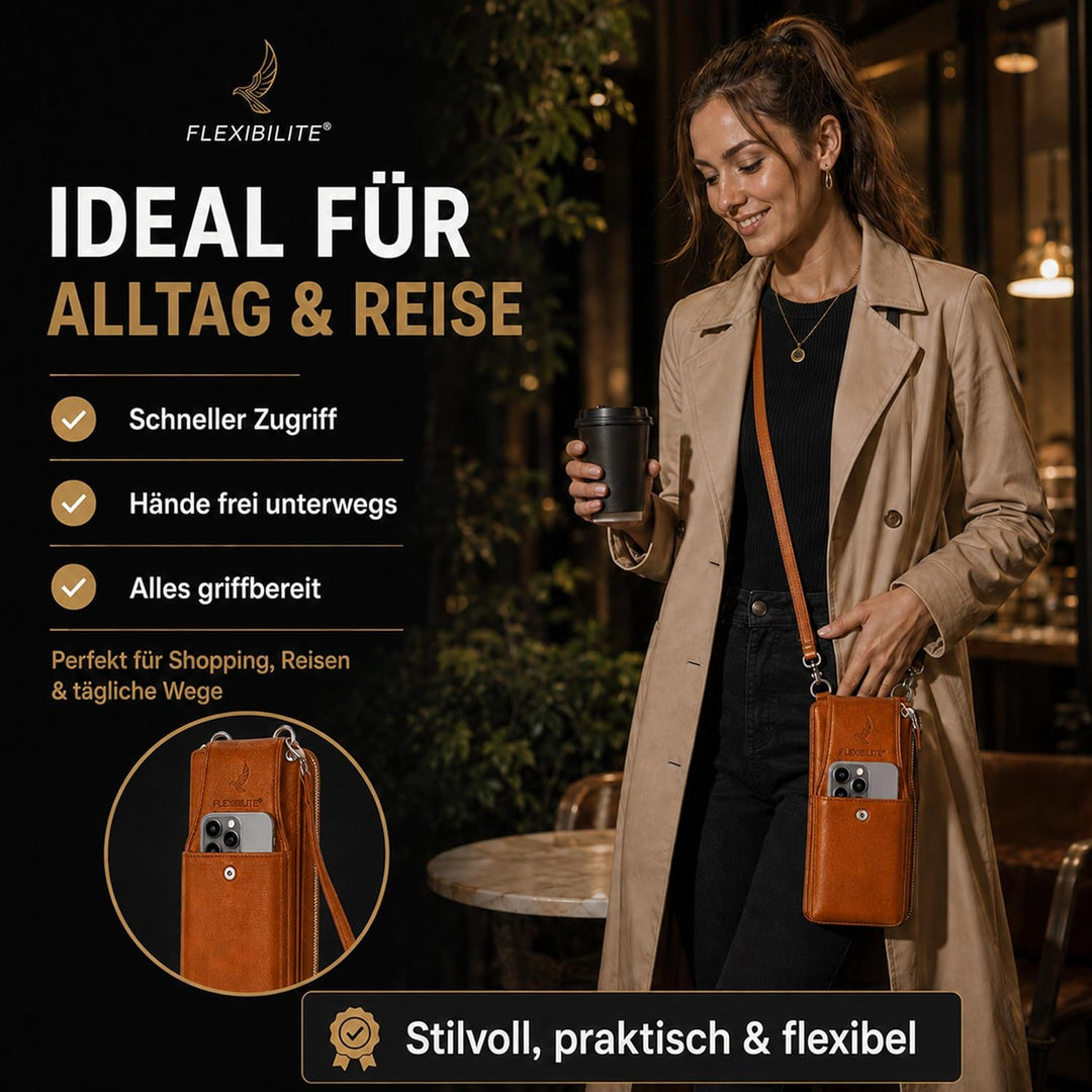FLEXIBILITE® Handytasche zum Umhängen Braun aus echtem Leder I EXTRA leicht 220 g mit RFID I Handy P
