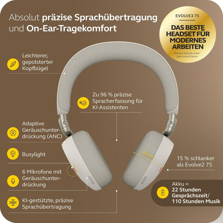Jabra Evolve3 75, UC, Link390c, Warm Grey Warmgrau USB-C-Adapter – ohne Ständer Alle Plattformen, Wa