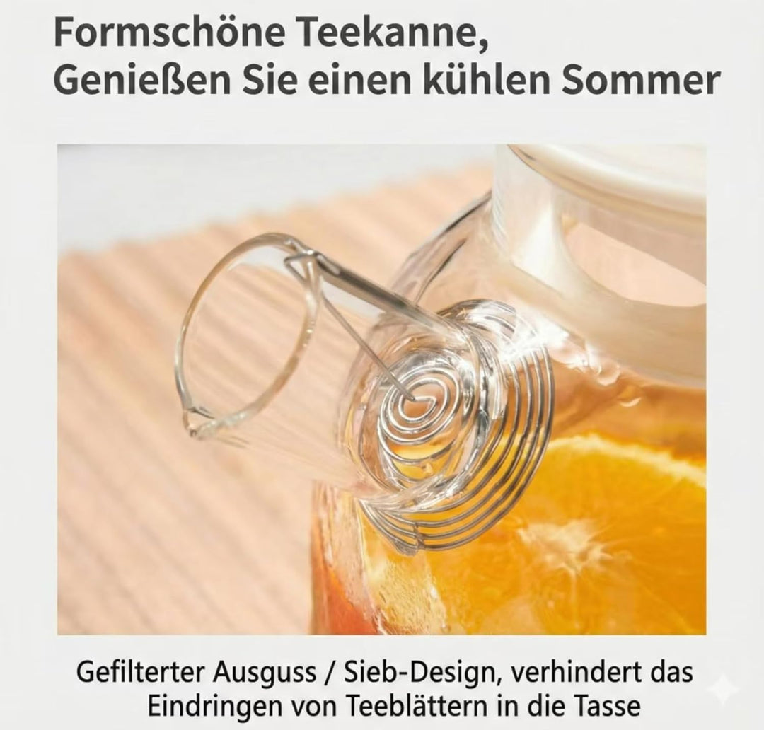 Tee Kannen Set 6-teilig – Besser im Glas Teekanne mit Filter & 4 Tassen auf Bambusbrett – Teeset mit