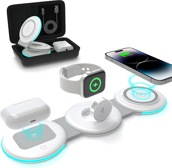 3 in 1 Faltbar Induktive Ladestation,Magsafe Kabelloses Ladegerät für Apple Watch und iPhone 16/15/1
