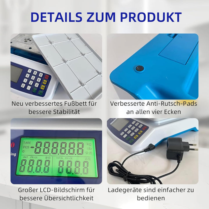 Digitale Küchenwaage 30 kg, Edelstahl Obstwaage mit LCD Display und Tara Funktion, Waage digital mit