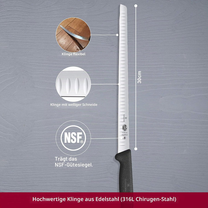 Victorinox Fibrox Lachsmesser Kullenschliff, Küchenmesser, Flexible Klinge, Extra Scharf, Rostfreier