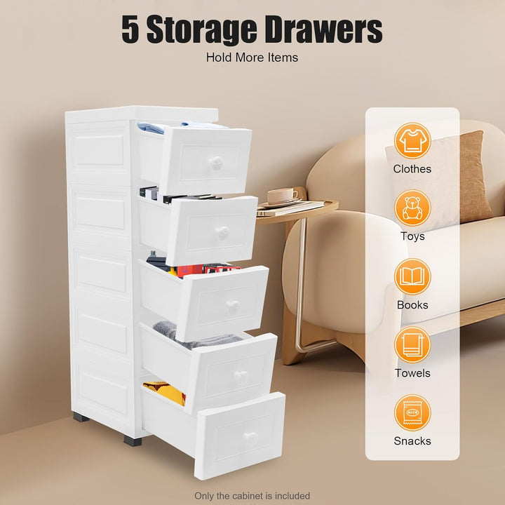 Pinuox Schubladenschrank Kunststoff, Rollcontainer mit 5 Schubladen Rollschrank aus Kunststoff Aufbe