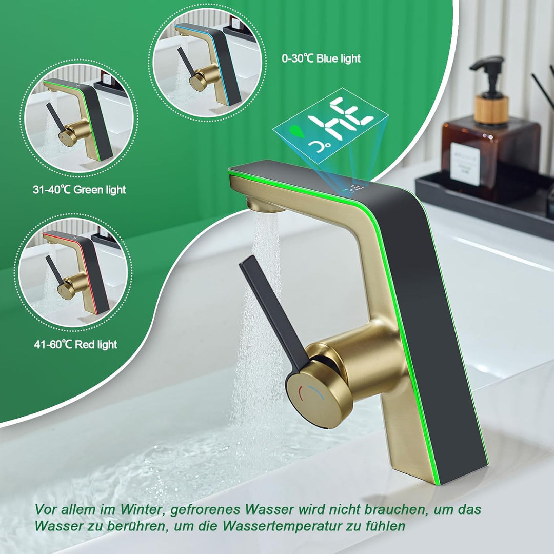 Wasserhahn Bad mit LED-Temperaturanzeige Badarmatur,Waschtischarmatur aus Messing Einhebelmischer Ba