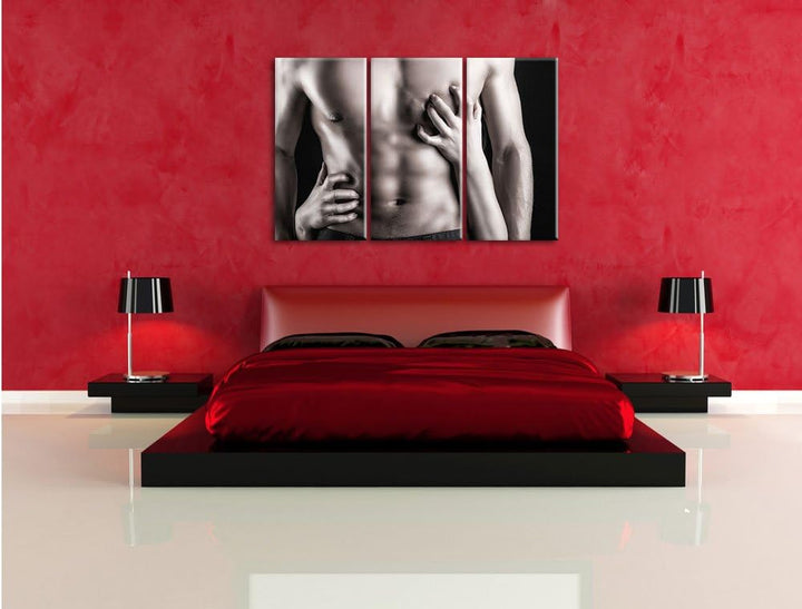 Pixxprint muskulöser Waschbrettbauch B&W Detail 3-Teiler Leinwandbild 120x80 Bild auf Leinwand