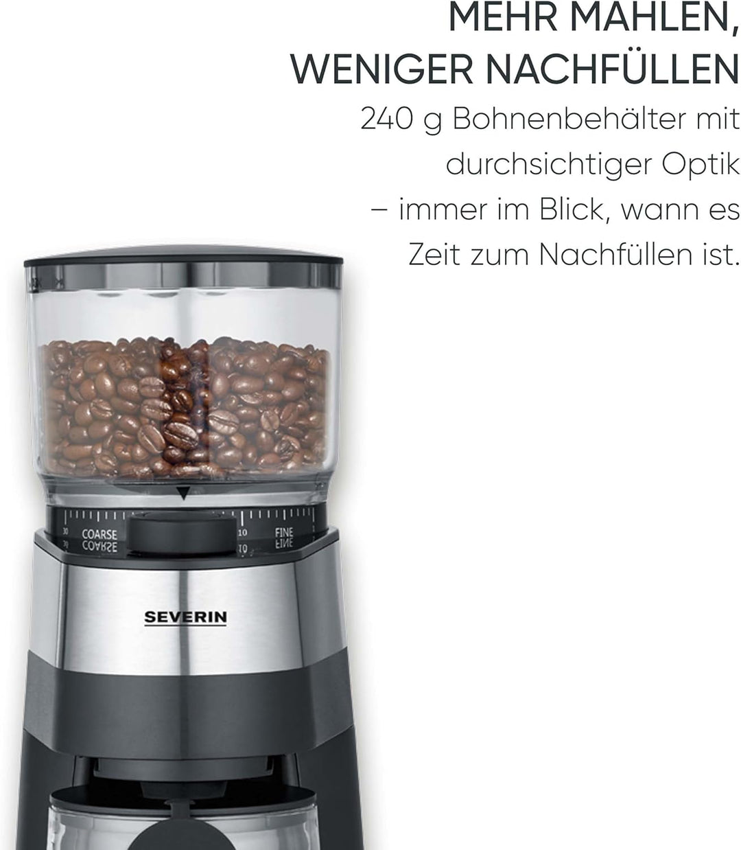 SEVERIN Kaffeemühle, Scheibenmahlwerk, einstellbare Mengendosierung, Mahlgrad in 30 Stufen einstellb