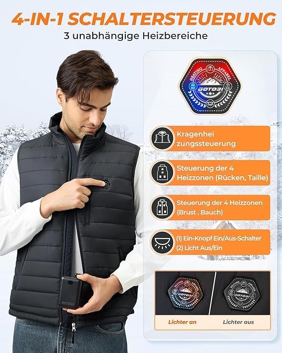 GOTOBI Heizweste Herren Mit 16000mAh 7,4V Powerbank - 9 Heizzonen Beheizbare Weste,Beheizte Westemit