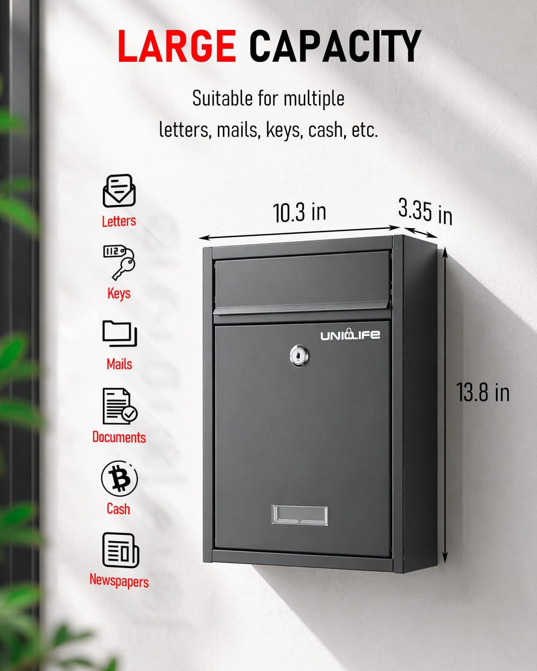 Uniclife Briefkasten Abschliessbarer Wandbriefkasten für draussen grosser BriefkastenSchlüsselschlos