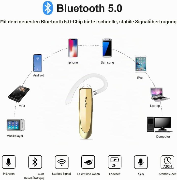 New Bee Bluetooth Headset Wireless Freisprech Telefon Bluetooth-Headset mit Mikrofon für iPhone Sams