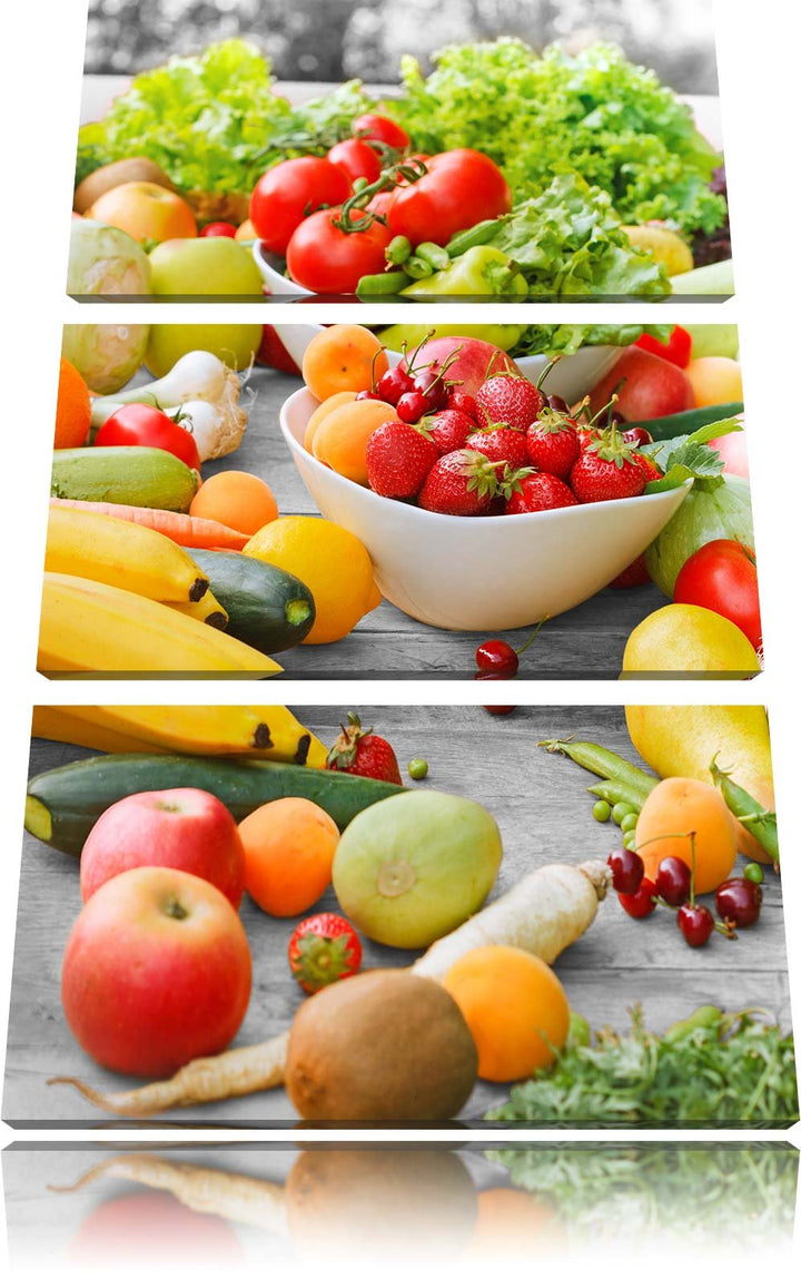 Pixxprint Buntes Obst und Gemüse als Leinwandbild/Grösse: 3 Teilig (120x80 cm) cm/Wandbild/Kunstdruc