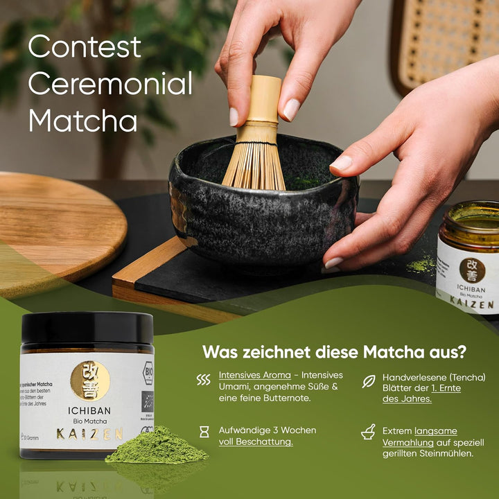 Kaizen® Ichiban Matcha Set - Contest Ceremonial Bio Matcha, handgefertigte Chawan-Teeschale, Besen &