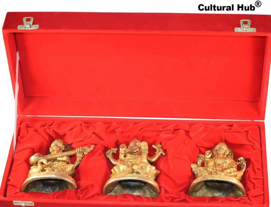 Ganesha Lakshmi Saraswati Set von drei Statuen aus Messing Skulpturen der Hindu Gott je Höhe 12,7 cm