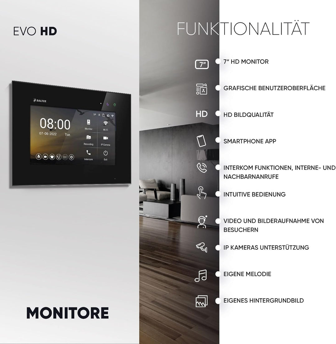 Balter EVO-HD Video Türsprechanlage mit Fingerprint, Video Türklingel, Smartphone App, 3 Familienhau