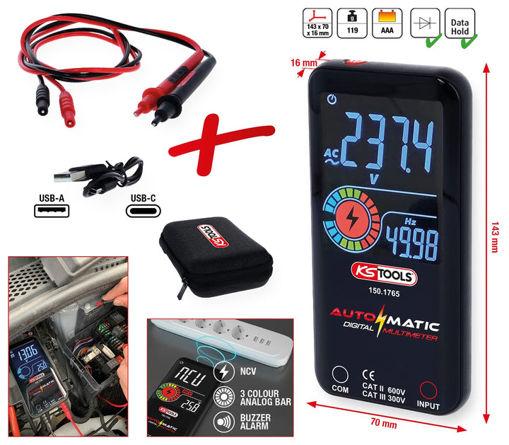KS Tools 150.1765 Automatik Digital-Multimeter inkl. Prüfspitzen, Rot-schwarz