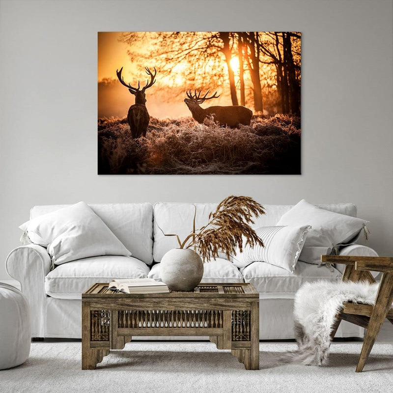 ARTTOR Bilder auf Leinwand 100x70cm Leinwandbild Deer Heidekraut Tier Gross Wanddeko Bild Schlafzimm