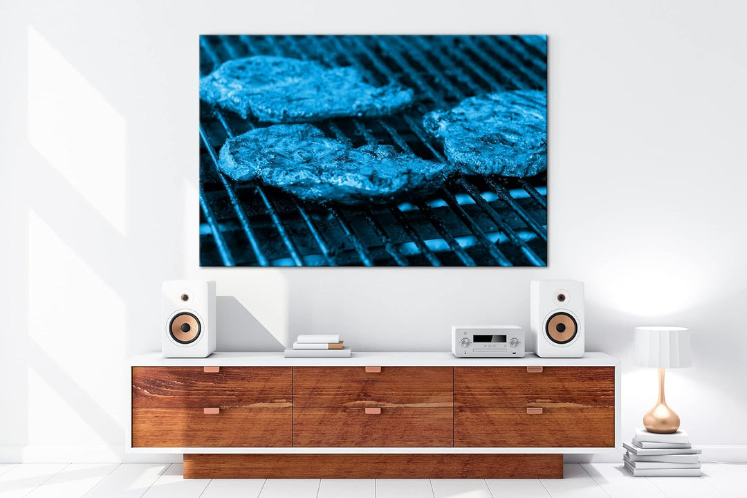 appetitliche Steaks auf dem Grill Format 100x70 Effekt: Monocrome Blau als Leinwandbild, Motiv ferti